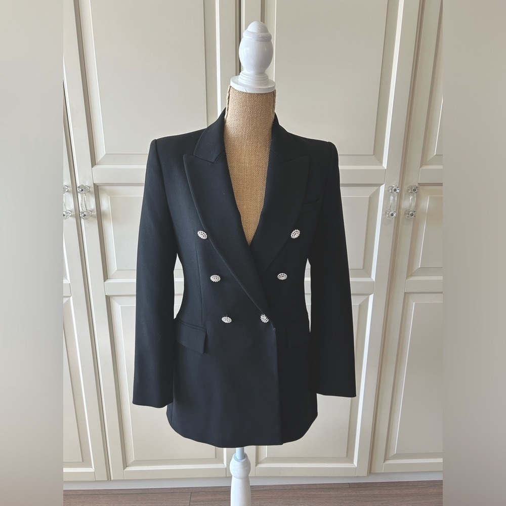 Zara Chic Black Double-Breasted Blazer with Rhinestone Buttons Size S NWT